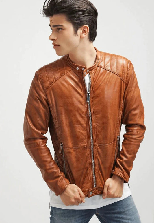 Men's Camel Brown Leather Biker Jacket - Rugged Elegance