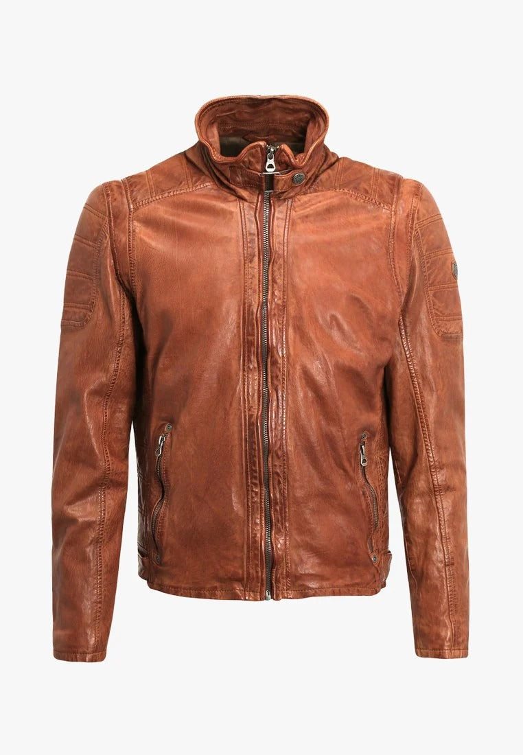 Men's Camel Brown Leather Biker Jacket - Timeless Style