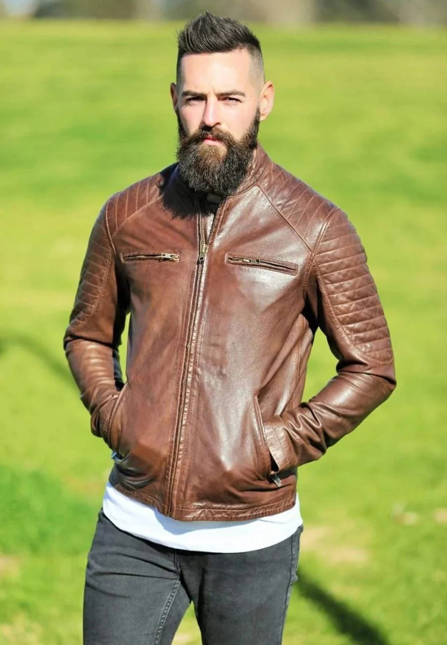 Men's Chocolate Brown Leather Biker Jacket - Classic Elegance