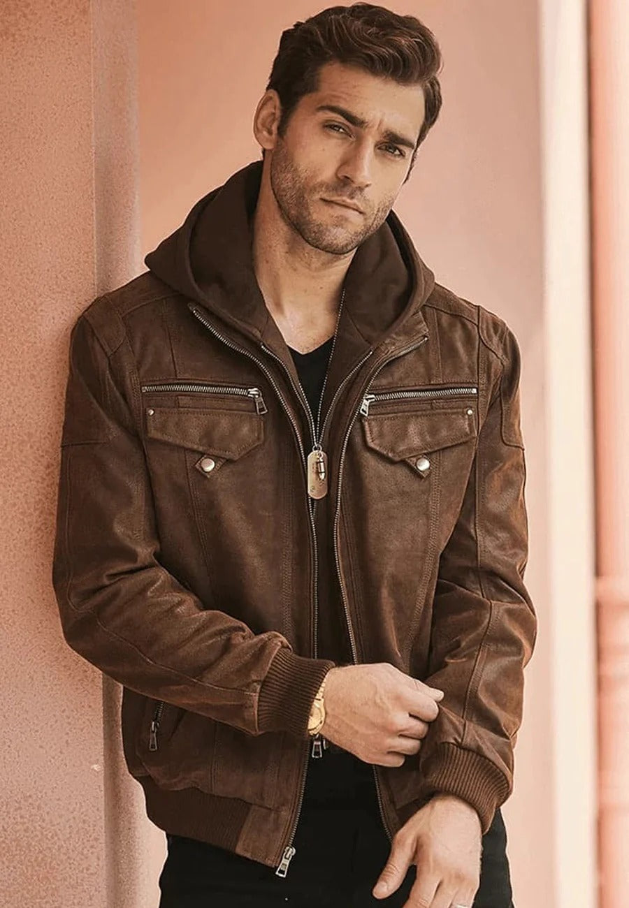 Men's Crunch Brown Leather Bomber Jacket with Removable Hood - Versatile Style