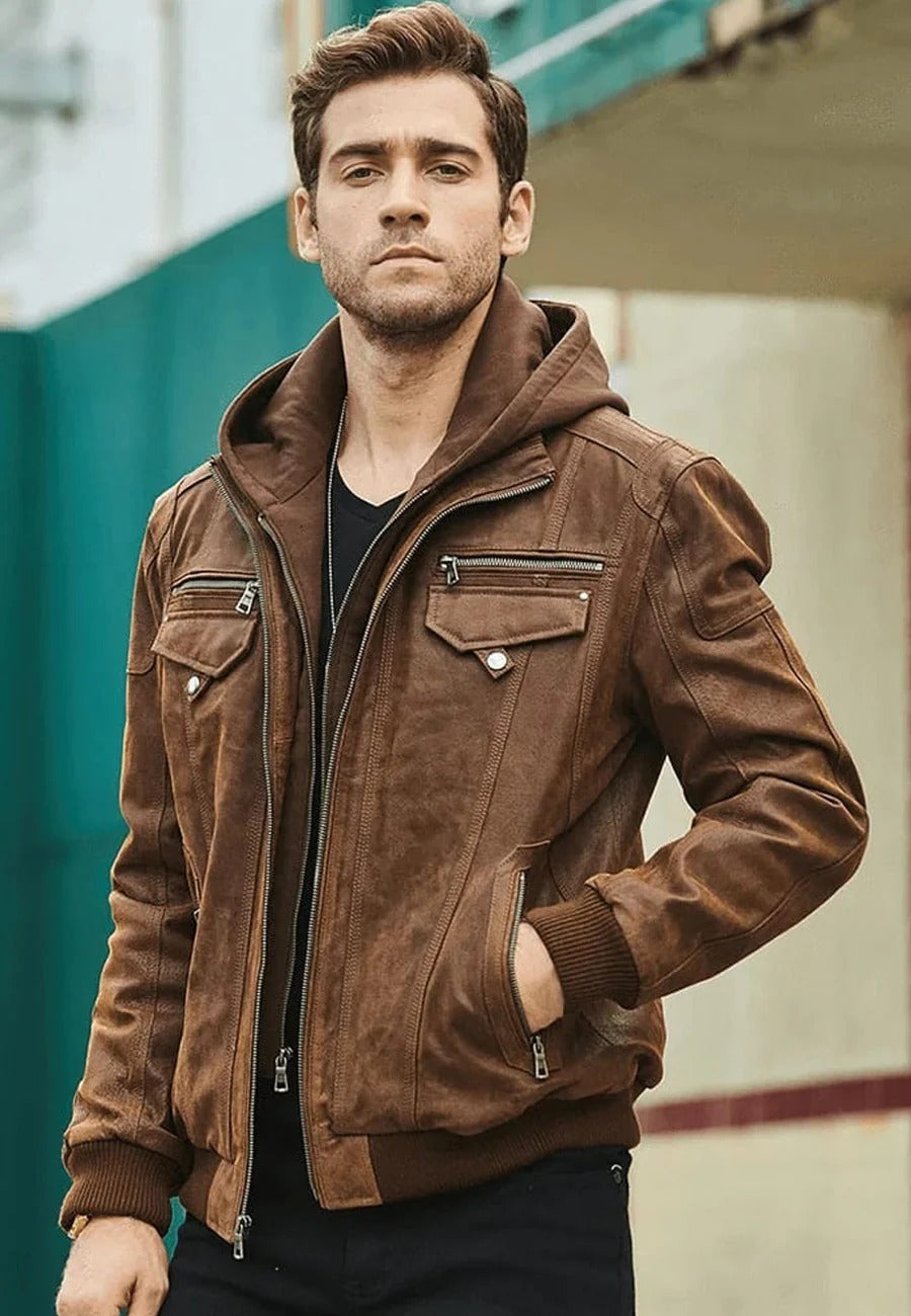 Men's Crunch Brown Leather Bomber Jacket with Removable Hood - Versatile Style