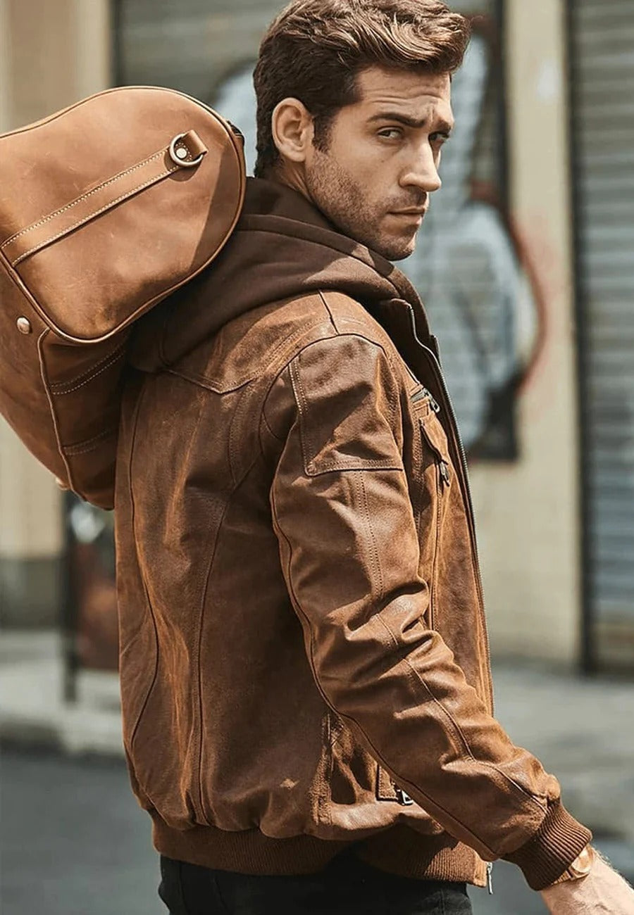 Men's Crunch Brown Leather Bomber Jacket with Removable Hood - Versatile Style