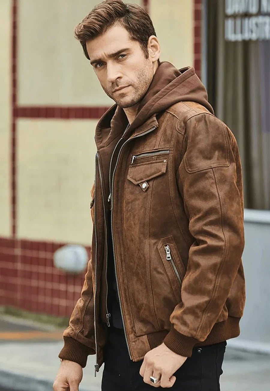 Men's Crunch Brown Leather Bomber Jacket with Removable Hood - Versatile Style