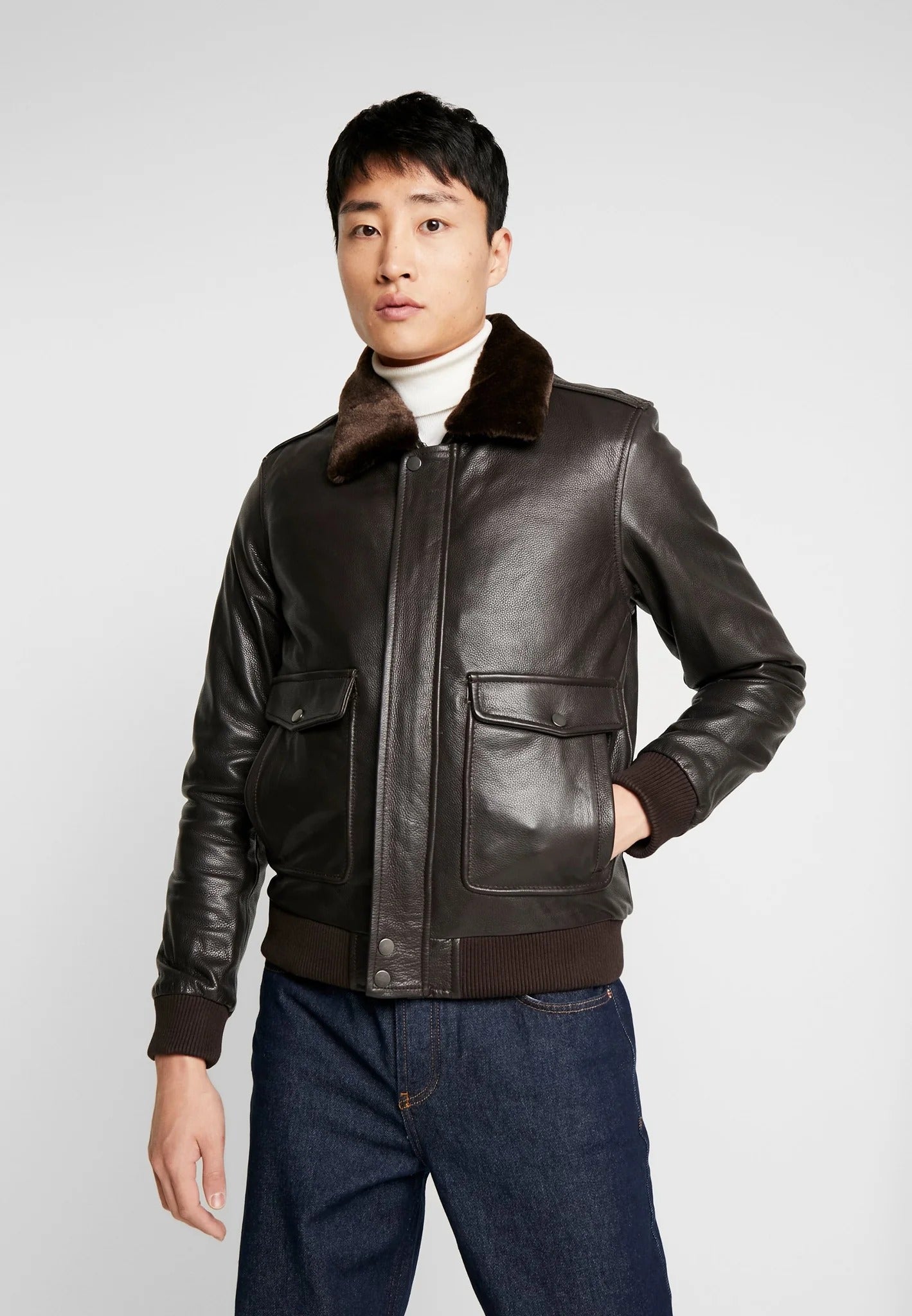 Men's Dark Brown Leather Bomber Jacket with Fur Collar - Rugged Elegance