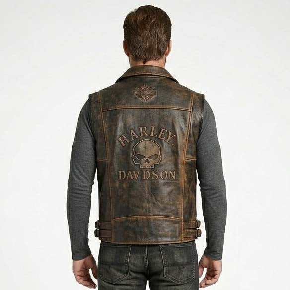 Men's Distressed Genuine Leather Biker Vest with Classic Motorcycle Style