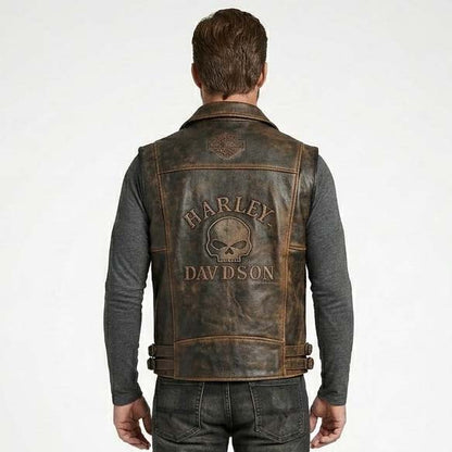 Men's Distressed Genuine Leather Biker Vest with Classic Motorcycle Style