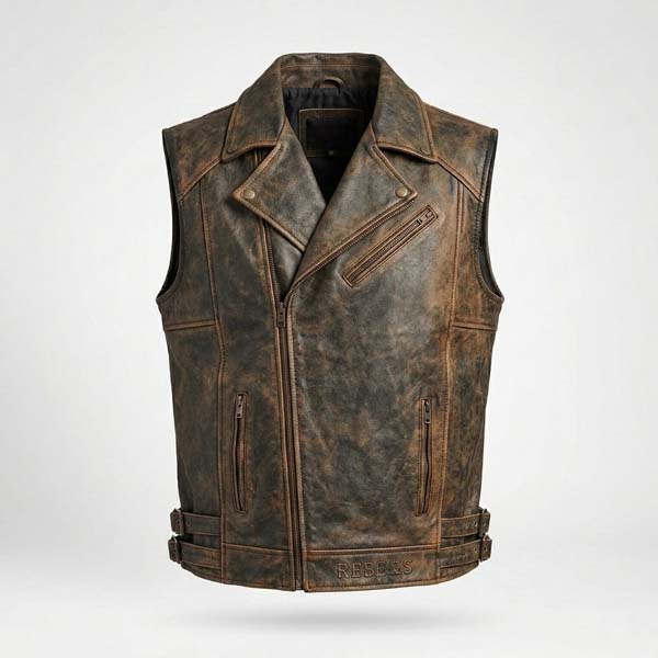 Men's Distressed Genuine Leather Biker Vest with Classic Motorcycle Style