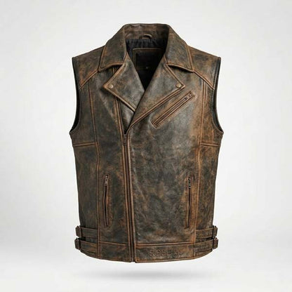 Men's Distressed Genuine Leather Biker Vest with Classic Motorcycle Style