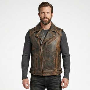 Men's Distressed Genuine Leather Biker Vest with Classic Motorcycle Style