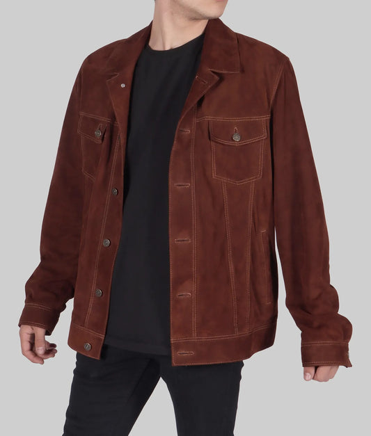 Men’s Durable Brown Suede Leather Trucker Jacket