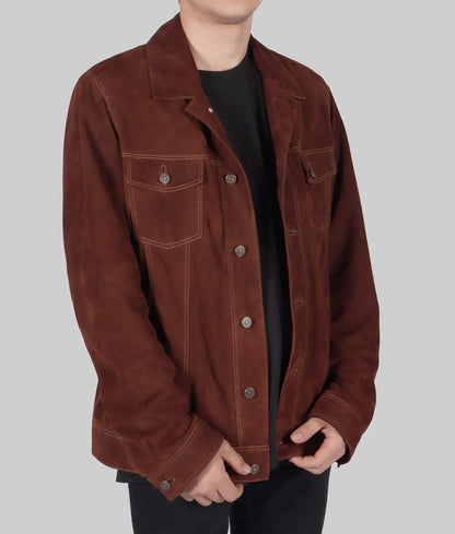 Men’s Durable Brown Suede Leather Trucker Jacket