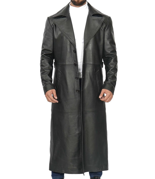 Men's Full-Length Black Leather Trench Coat - Duster Coat