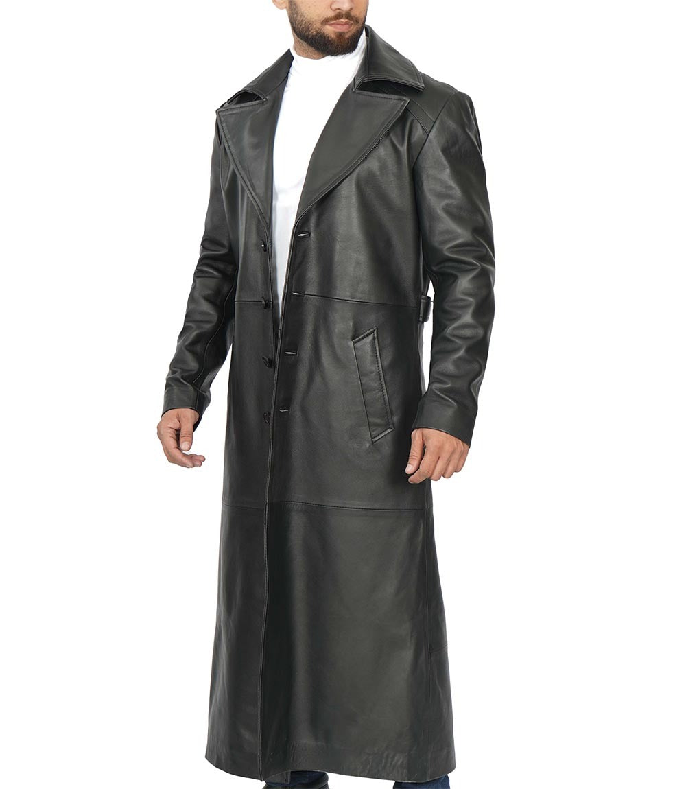 Men's Full-Length Black Leather Trench Coat - Duster Coat