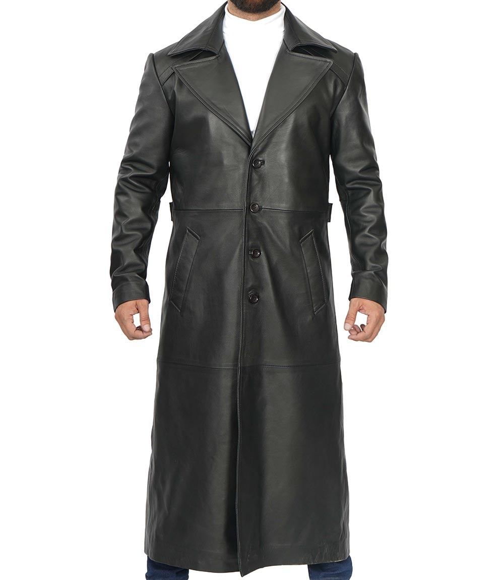 Men's Full-Length Black Leather Trench Coat - Duster Coat