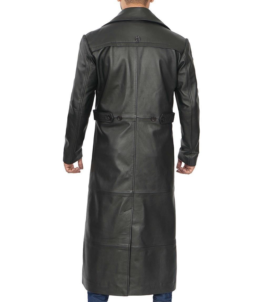 Men's Full-Length Black Leather Trench Coat - Duster Coat