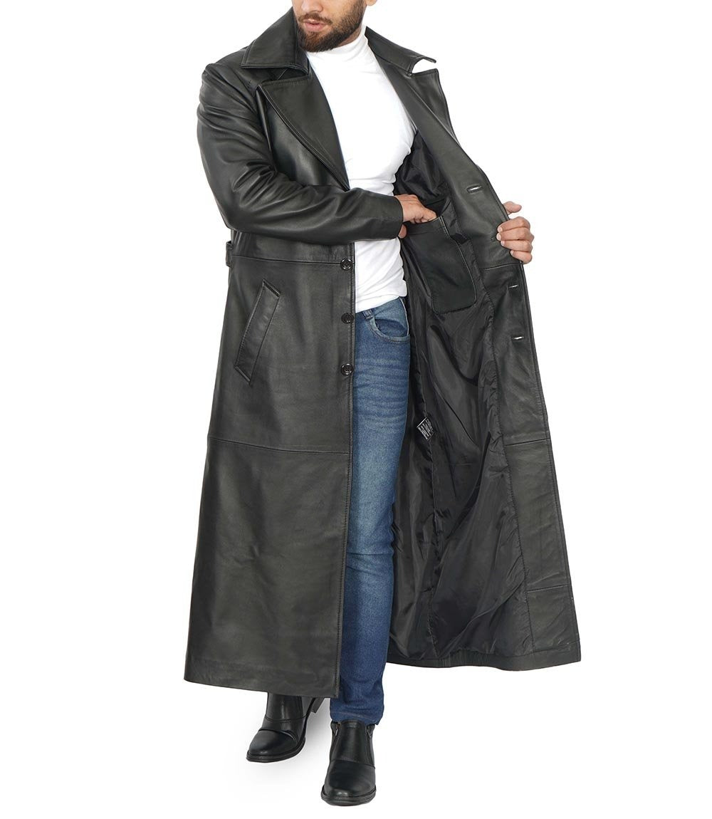 Men's Full-Length Black Leather Trench Coat - Duster Coat