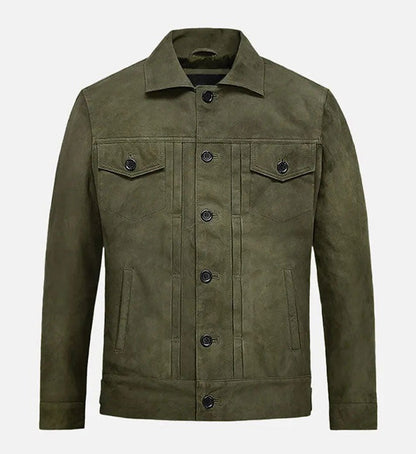 Men’s Green Distressed Suede Leather Trucker Jacket