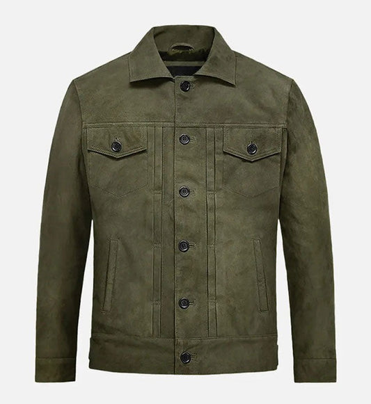 Men’s Green Distressed Suede Leather Trucker Jacket