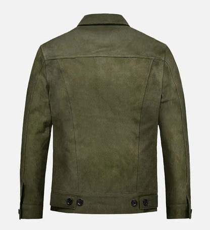 Men’s Green Distressed Suede Leather Trucker Jacket