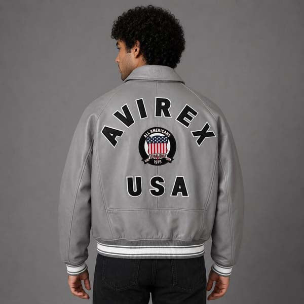 Men's Grey Sheepskin Leather Varsity Jacket with Embroidered Flight Patches