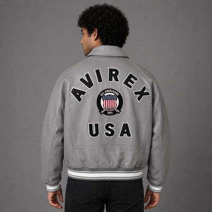Men's Grey Sheepskin Leather Varsity Jacket with Embroidered Flight Patches
