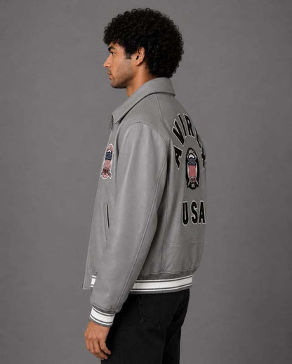 Men's Grey Sheepskin Leather Varsity Jacket with Embroidered Flight Patches