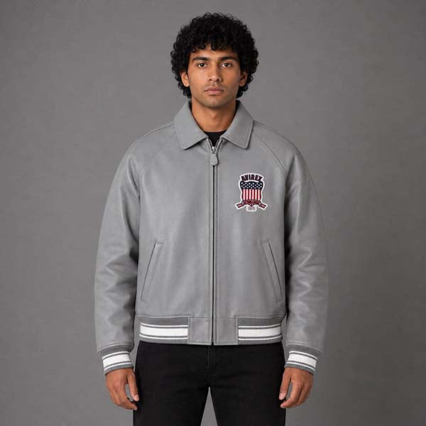 Men's Grey Sheepskin Leather Varsity Jacket with Embroidered Flight Patches