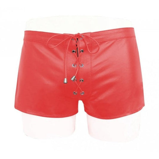Men's Red Lambskin Leather Shorts with Lace Up Front