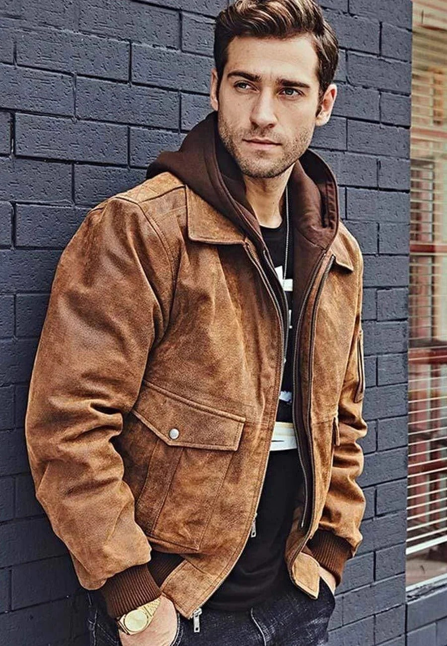 Men's Tan Brown Distressed Leather Bomber Jacket with Removable Hood - Rugged Elegance