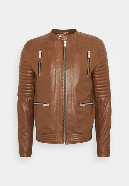 Men's Tan Brown Leather Biker Jacket - Rugged Elegance