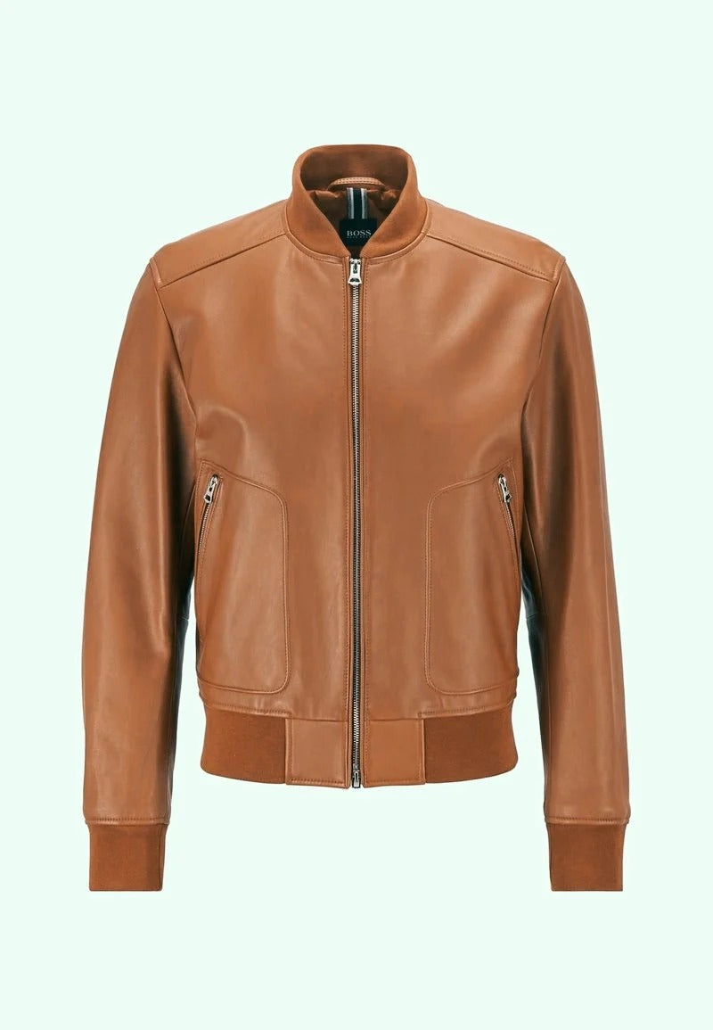 Men's Tan Brown Leather Bomber Jacket - Timeless Style