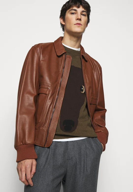 Men's Tan Brown Leather Bomber Jacket - Timeless Elegance