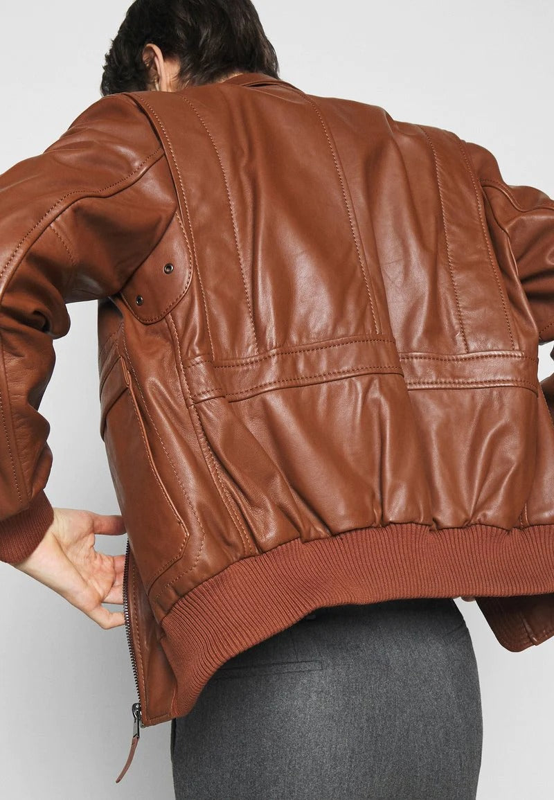 Men's Tan Brown Leather Bomber Jacket - Timeless Elegance