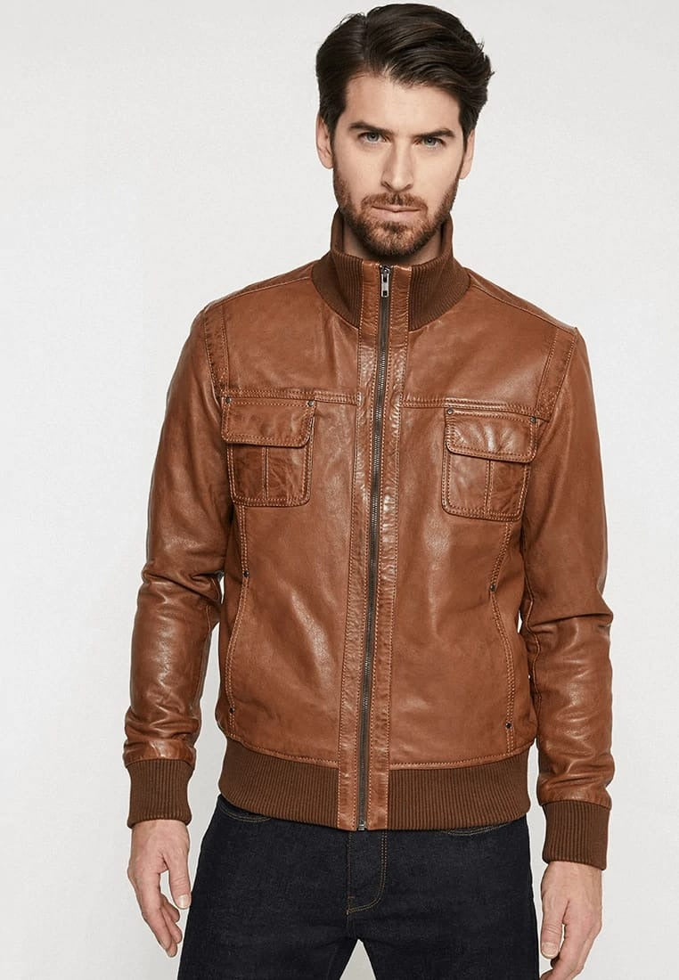 Men's Tan Brown Leather Bomber Jacket - Classic Elegance