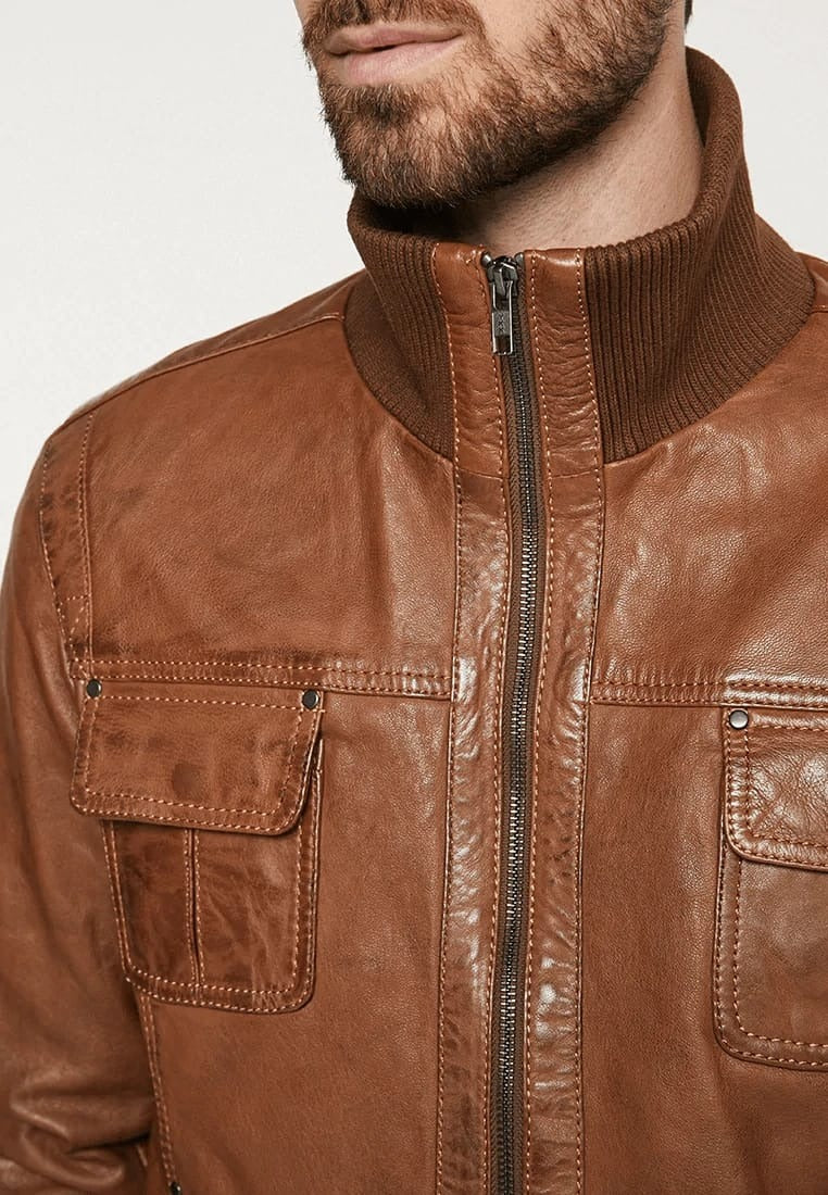 Men's Tan Brown Leather Bomber Jacket - Classic Elegance