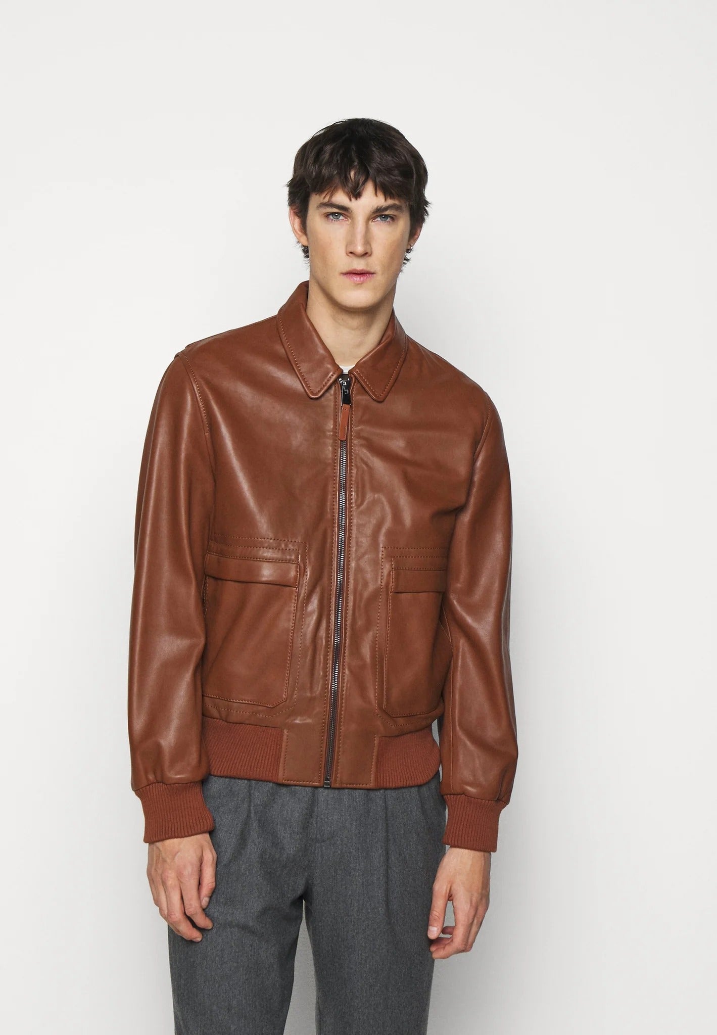 Men's Tan Brown Leather Bomber Jacket - Timeless Elegance