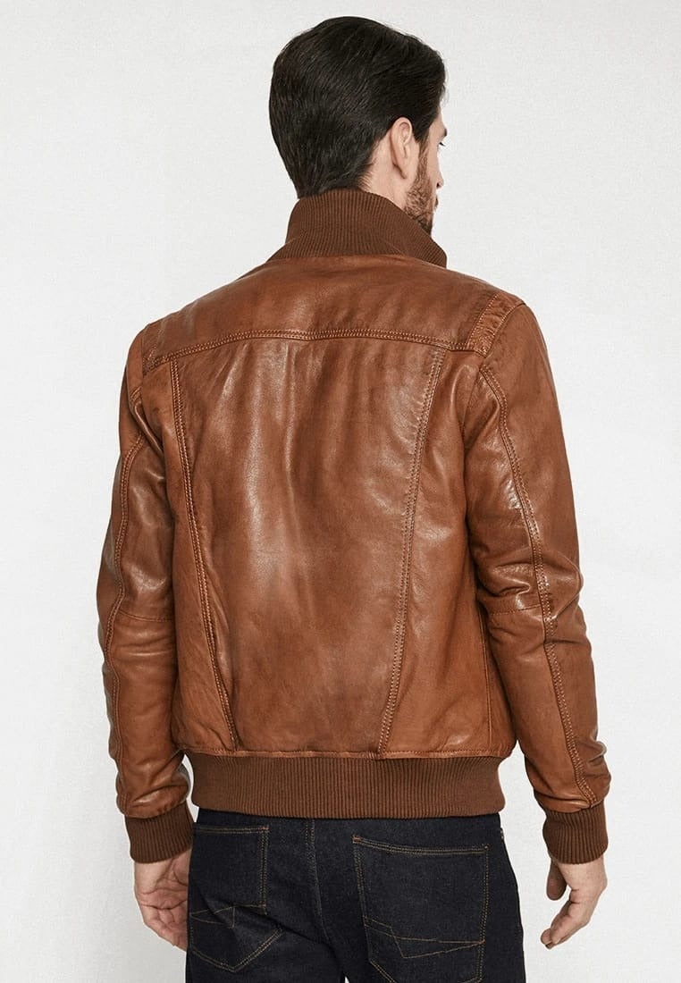 Men's Tan Brown Leather Bomber Jacket - Classic Elegance