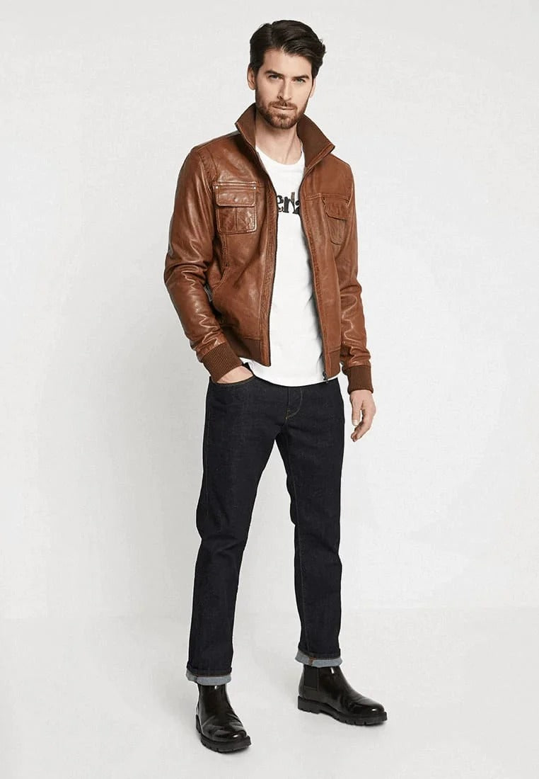 Men's Tan Brown Leather Bomber Jacket - Classic Elegance