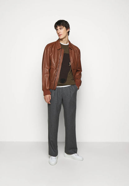 Men's Tan Brown Leather Bomber Jacket - Timeless Elegance