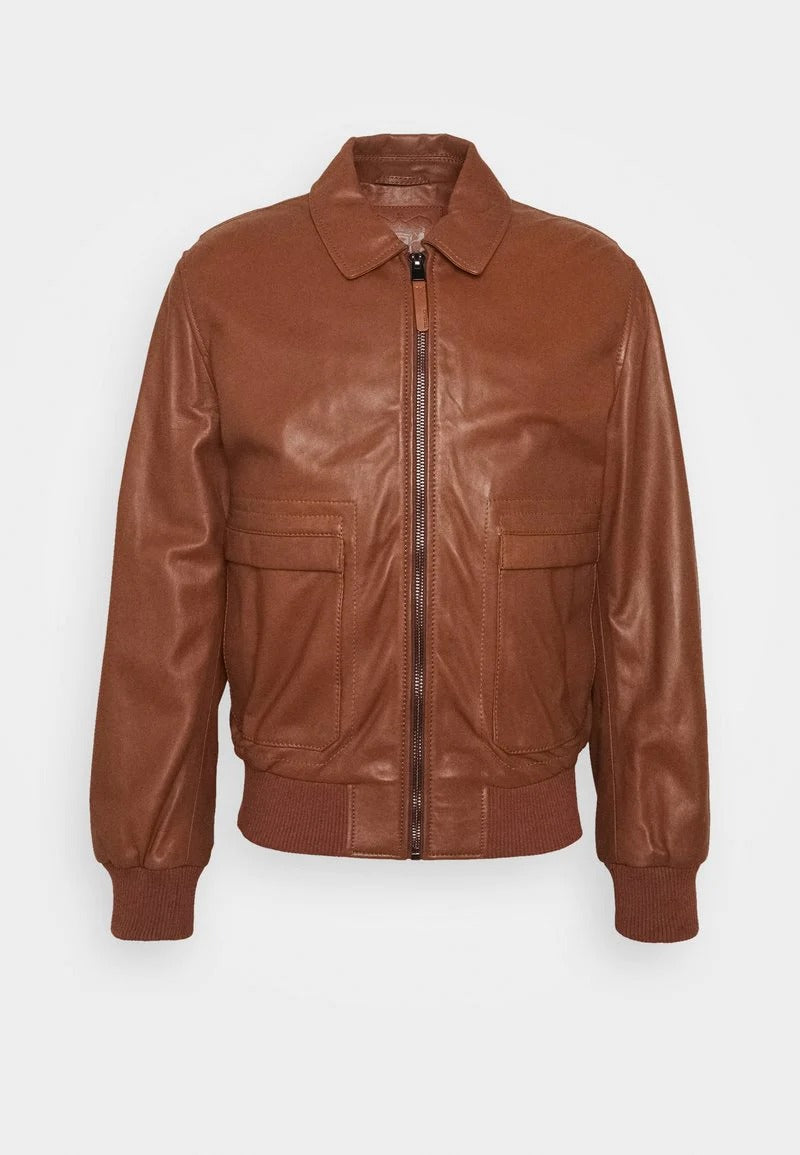 Men's Tan Brown Leather Bomber Jacket - Timeless Elegance