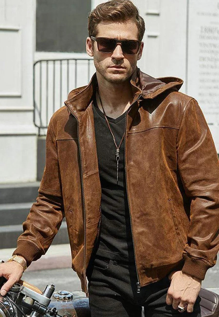 Men's Tan Brown Leather Bomber Jacket with Removable Hood - Versatile Style