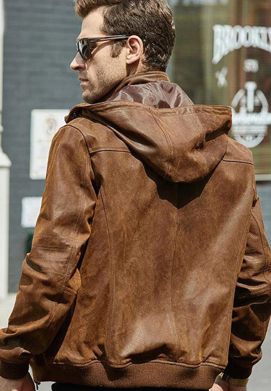 Men's Tan Brown Leather Bomber Jacket with Removable Hood - Versatile Style