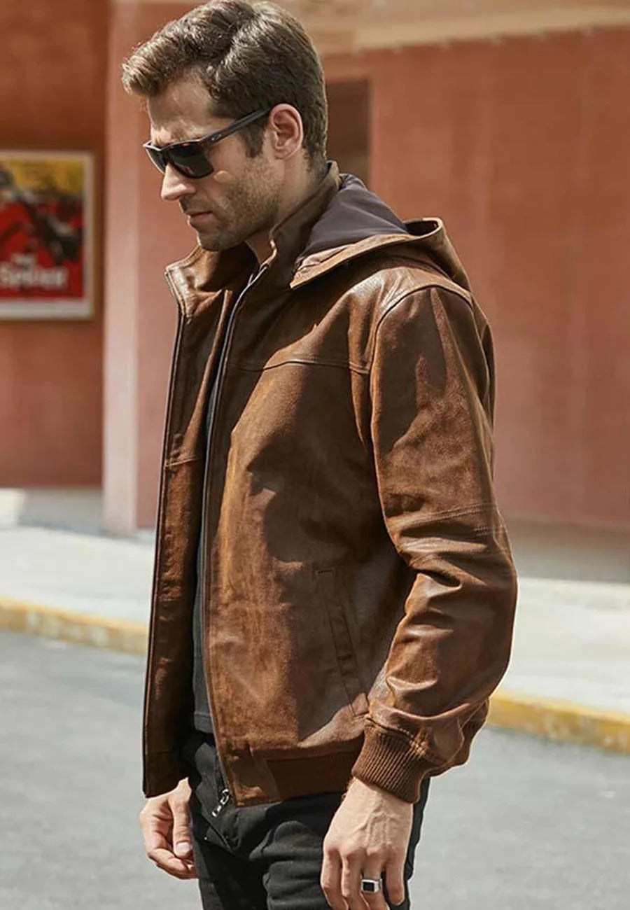 Men's Tan Brown Leather Bomber Jacket with Removable Hood - Versatile Style