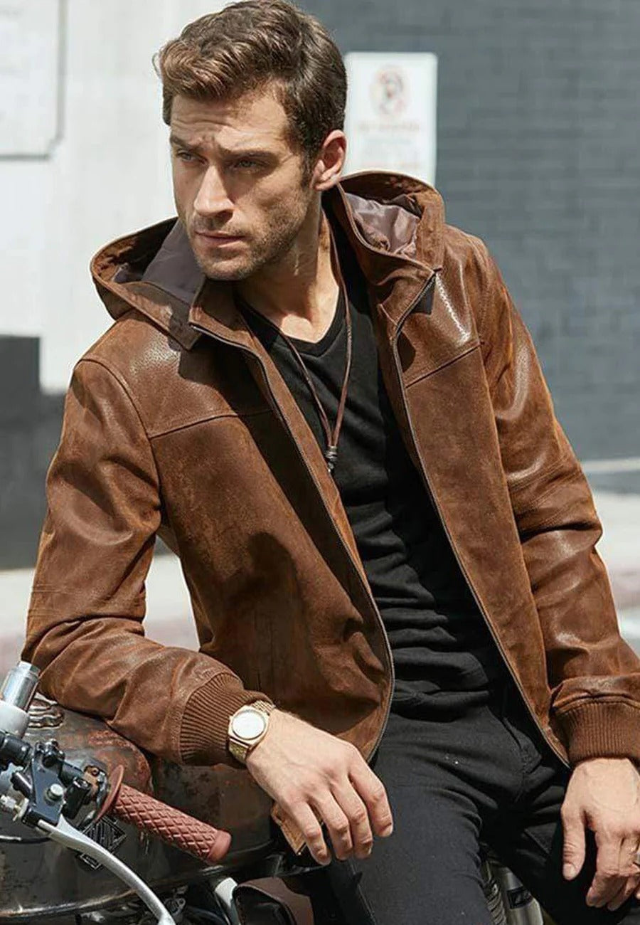 Men's Tan Brown Leather Bomber Jacket with Removable Hood - Versatile Style