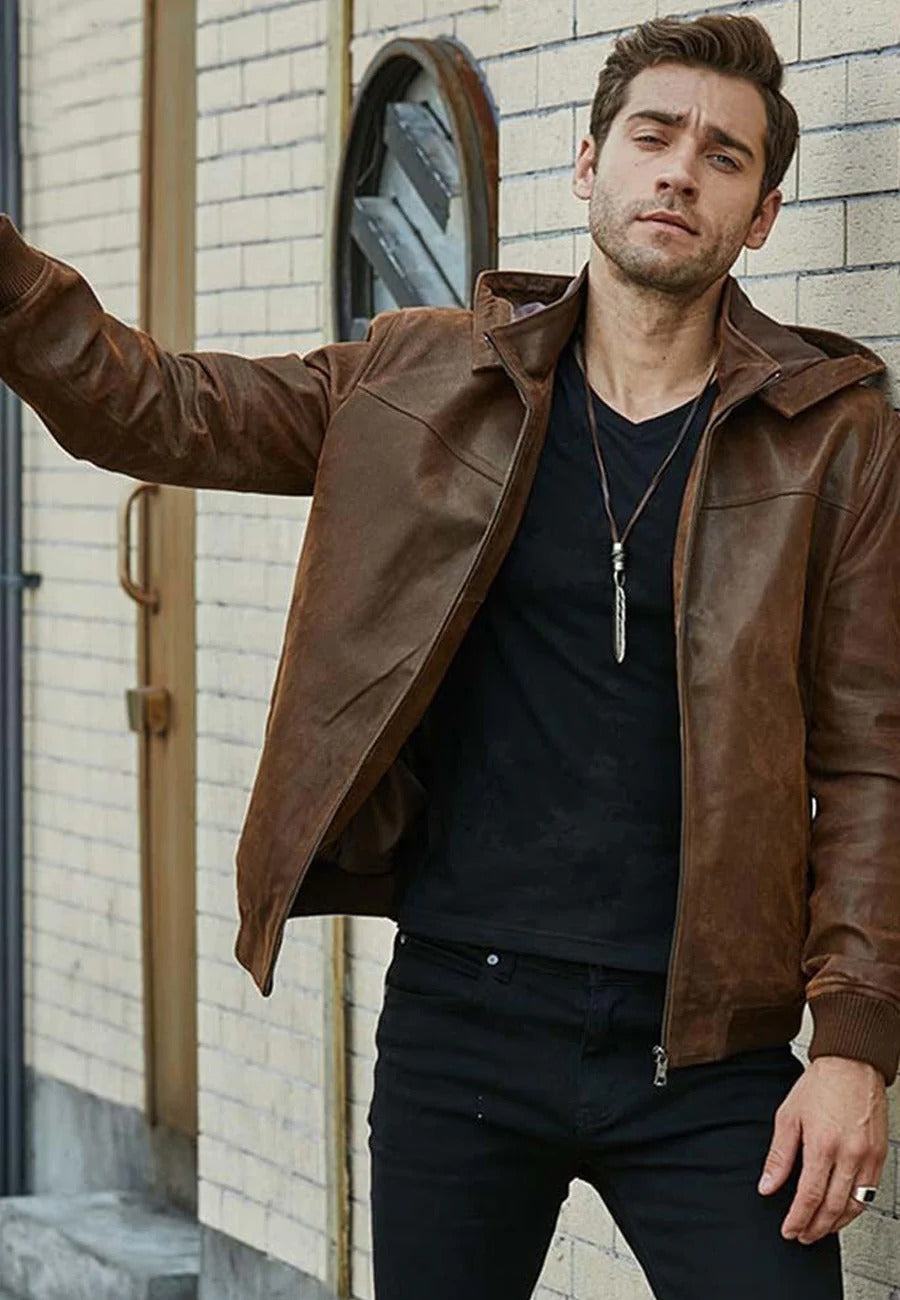 Men's Tan Brown Leather Bomber Jacket with Removable Hood - Versatile Style