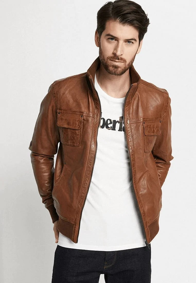 Men's Tan Brown Leather Bomber Jacket - Classic Elegance