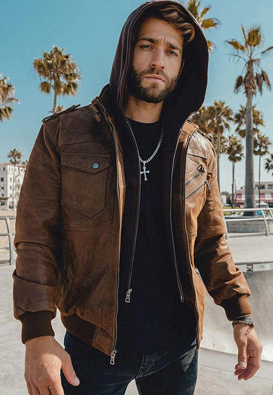 Men's Tan Brown Leather Bomber Jacket with Removable Hood - Versatile Style