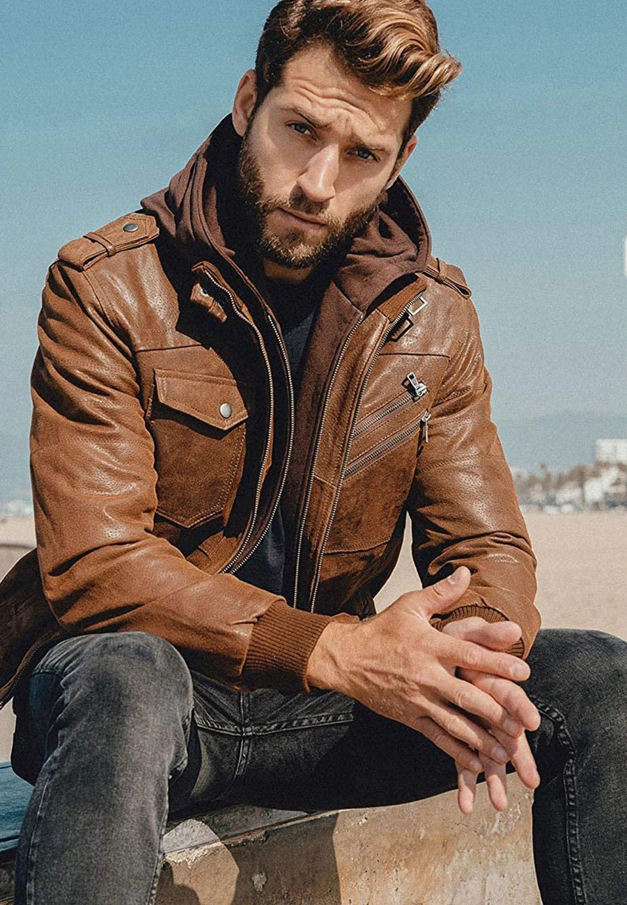 Men's Tan Brown Leather Bomber Jacket with Removable Hood - Versatile Style