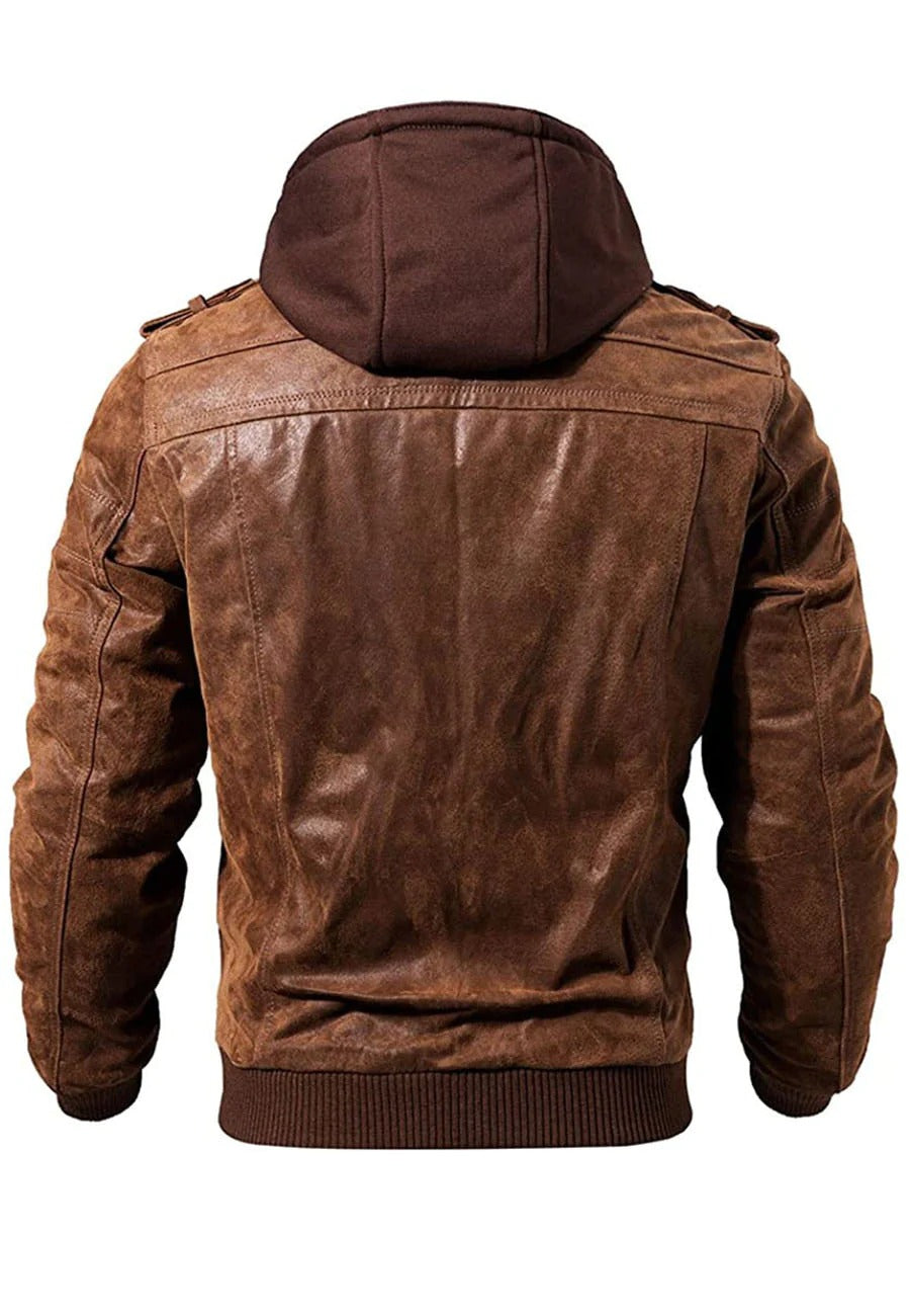 Men's Tan Brown Leather Bomber Jacket with Removable Hood - Versatile Style