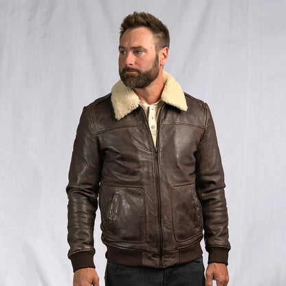 Men's Vintage A-2 Brown Leather Shearling Bomber Jacket